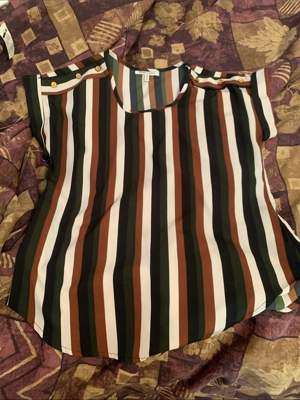 Cap-Sleeve Striped Blouse in Green, Brown & Cream
